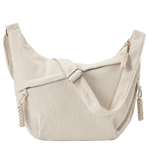 Jiliyote Groß Umhängetasche Damen cord Tasche Damen Crossbody Bag cord Crossbag Halbmond kord schultertasche für Reisen Arbeit Uni (Beige