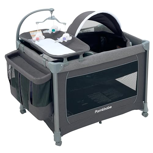 Image of Pamo Babe 4 in 1 Deluxe Nursery Center, Magic Fold Portable Baby Playard with Zipper Gate, Foldable Baby Yard with Changing Table, Detachable Baby Bassinet