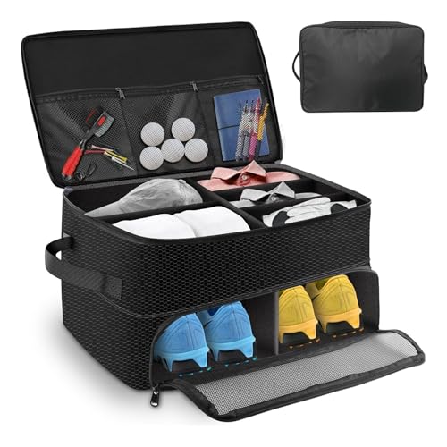 1GoTo-G Golf Trunk Organizer, Waterproof Double Partition Golf Trunk Storage for 2 Pair Shoes, Car Golf Locker for Golf Accessories, Balls, Tees, Clothes, Gloves, Golf Gifts