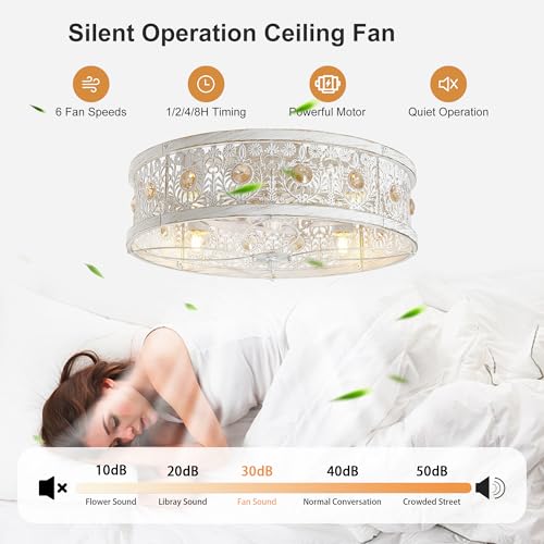Image of Garwarm 20 inch Ceiling Fans with Lights,Flush Mount Vintage Farmhouse Rustic Crystal Fandelier,Low Profile Farmhouse Caged Ceiling Fan with Light and Remote for Bedroom,Kitchen,Indoor