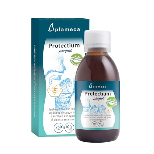 PLAMECA Protectium Propol Jarabe de propolis Tracto Respiratorio y Defensas, Equinácea, Tomillo, Drosera, Erísimo, Aceite Esencial de Eucalipto y Equinácea, 250 ml