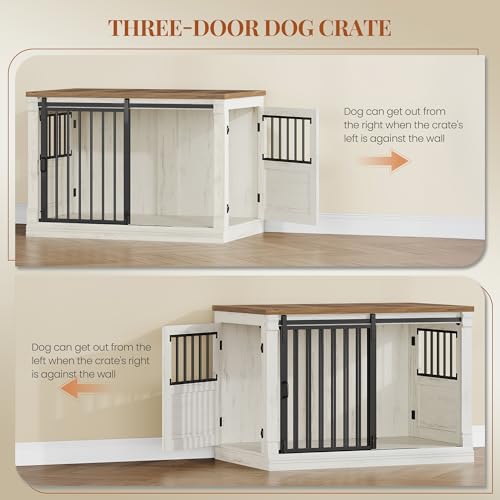 HEXCELEN 101cm Hundekäfig-Möbel, Hundebox Holz, Hundebox für Zuhause mit 3 Türen, Schiebetüren, für Kleine, Mittlere, Große Hunde, Robuster, Beistelltisch, 101 × 60,5 × 70 cm, Weiß Braun