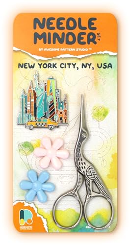 Image of Awesome Pattern Studio Needle Minder Set - New York Magnetic Needle Minder + 2 Needle Threaders + Crane Scissors. Enamel Pin for Cross Stitch, Embroidery and Craft