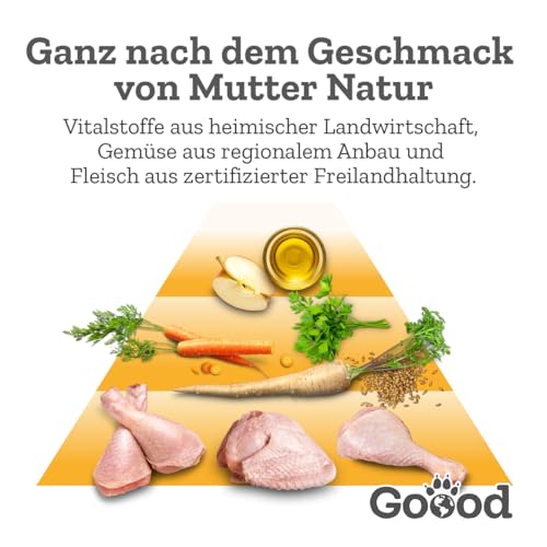 Goood Adult Freilandhuhn Probierpaket – 300g Trockenfutter, 400g Nassfutter, 2X 100g Snacks - Hundefutter mit hochwertigen Proteinen und wertvollem Vollkorn - für alle Rassen und Größen