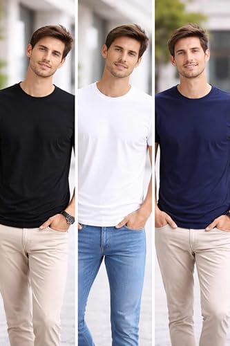 Image of Men's Round Neck T-Shirt Combo Pack (Pack of 3) | 100% Cotton 200 GSM | Bio-Washed | Soft & Breathable | Regular Fit Plain T-Shirts for Men