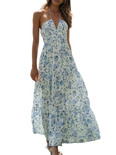 Women Floral Halter Neck Maxi Dress Summer Tie-Up Sleeveless Backless Long Dress Flowy Ruffle Sundress
