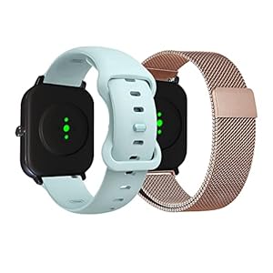 KoGiio 20mm Armband für Amazfit GTS 4 Mini/GTS 3/GTS 2 Mini/Bip 3 Pro/Bip 3/Bip S/Bip Lite/Bip U Pro, Silikon+Edelstahl Uhrenarmband für Garmin Venu Sq 2/Venu Sq 2 Music/Venu 2 Plus-Blau+Roségold