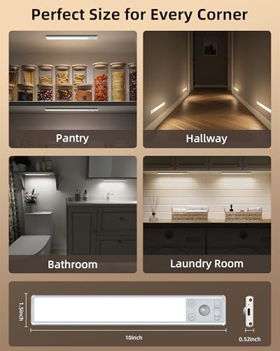 Image of EZVALO 10inch Under Cabinet Lighting, 2500mAh Rechargeable Motion Sensor Lights Indoor with 3 Color Temps, 2 Pack Magnetic Closet Light, 80 LED Dimmable Under Counter Lights for Kitchen, Shelf, Stair