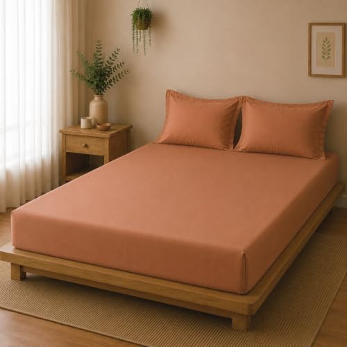 Image of Linen Home Cotton Percale Fitted Bedsheet Set King Size Tera Clay