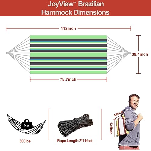 Image of JoyView Brazilian Hammock for Single Preson - 78.8x39.4 inch Portable Cotton Hammock with Hanging Ropes & Carry Bag Large for Patio 300LBS Capacity Perfect for Outdoor /Indoor - Green /Black Stripe