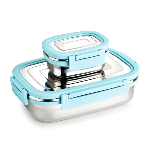 GANESH Craze Stainless Steel Tiffin Lunch Box Container/Dabba with 4 Side Clip Lock Lid for Office & School Use/Food Grade/Air Tight/Easy to Carry/Leak Proof(650ml 1pc + 140ml 1 Pc) Blue (Image - 2)