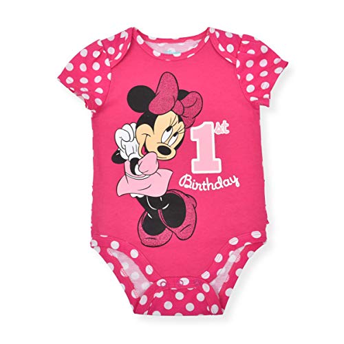 Disney Baby Girl's Minnie Mouse Short Sleeve First Birthday Bodysuit Creeper, Pink, Size 18 Months