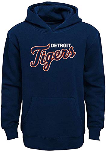 Outerstuff MLB Youth 8-20 Team Color Fleece Wordmark Logo Pullover Sweatshirt Hoodie (Detroit Tigers Navy, 10-12)