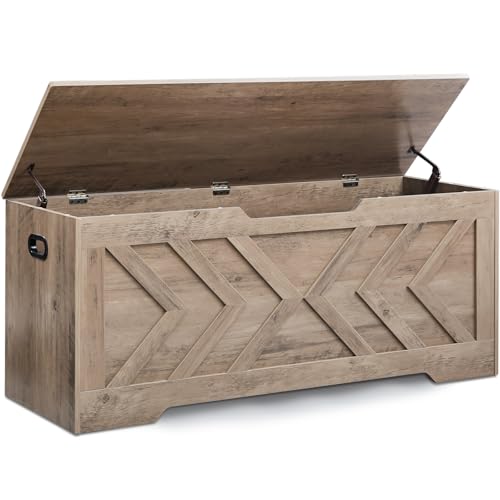 XDliv 47.2 Storage Bench Extra Large Wooden Storage Chest with 2 Safety Hinges entryway Bench Blanket Storage Shoe Storage Bench for Entryway Bedroom Living Room Easy Assembly.-Greige