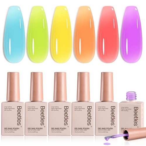 Image of Beetles Candy Spritz Neon Gel Nail Polish Set - 6 Colors Summer Jelly Gel | Nail Kit Yellow Orange Red Purple Blue Green Sheer Translucent Effect Soak Off UV Nail Art Gift Manicure for Women