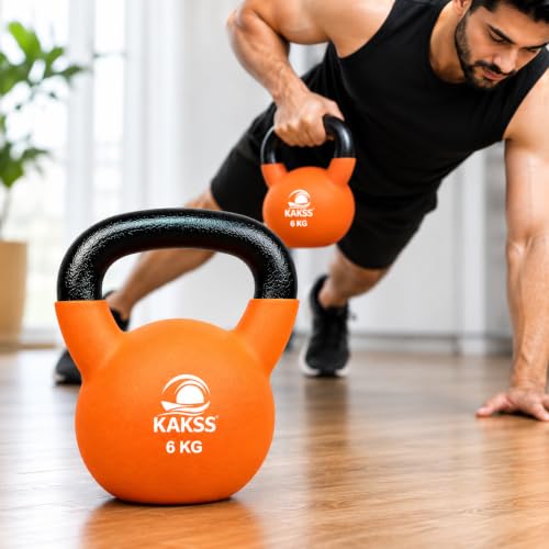 Image of KAKSS Half Coating Neoprene Kettlebell, 6kg Orange Cast Iron Kettle Bell with Non-Slip Grip Handle for Strength Training, Home Gym Workout Equipment for Men & Women (Proudly Made in India)