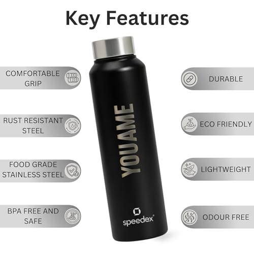 Image of Speedex Customised Engraved Name Stainless Steel Water Bottle 1 Ltr - Personalised Screw Cap Bottle for Kids, Men & Women, School, Office, Gym, Black, Set of 1