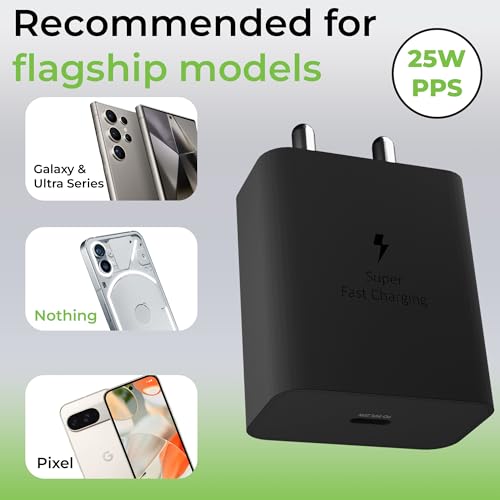 Image of UltraProlink 25W Fast Charger Adapter|Compatible with Samsung Galaxy S /A /M /F /Z Series S25 /S24 /S23 /S22 /S21 /21FE /S20 /M14 5G /M34 /M54 /M53 5g /M33 /M13 /A34 /A54 5G,F15|BIS Certified|Type C PPS PD 3.0|UM1347C