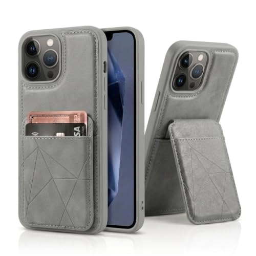 Image of amazon basics Premium Vegan Leather Back Cover with Card Holder and Integrated Mobile Stand for iPhone 14 Pro Max - Slim Shockproof Wallet Case with Geometric Stitching [Gray]