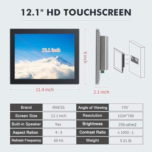 Image of 12.1 inch Industrial Touch Panel PC, Ratio 4:3 Multi-Touchscreen-Monitor,Wall Mounted Touch Screen Panel Computer,WiFi & Built-in Speakers,IP65 Front,Win 11 I5 RAM 8G+512G SSD