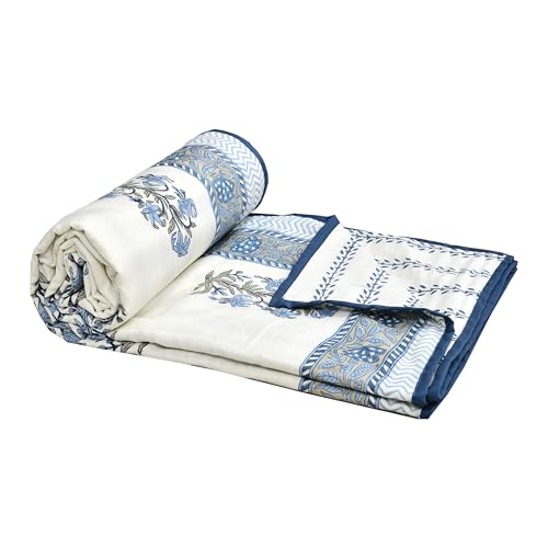 Image of BLOCKS OF INDIA Hand Block Printed Cotton Single Size Reversible Malmal Dohar for Summer (Blue Lily LINE)