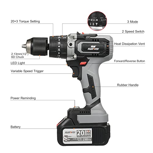 XiaoXIN Akku-Bohrschrauber, 21 V, Batterien, maximales Drehmoment, 200 Nm, 1/2 Zoll, Metall-Schnellspannfutter, 20 + 3… – Bild 6