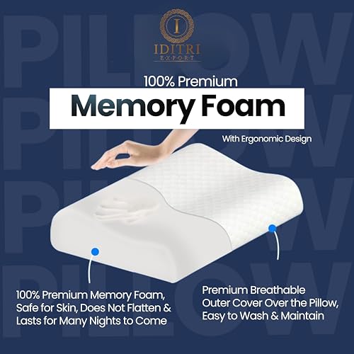 Image of Standard Cervical Pillow Set of 2, Memory Foam Contour for Neck and Shoulder Pain Relief, Ergonomic Design for Side and Back Sleepers, Breathable Blue Cover, 60 x 35 x 12 cm