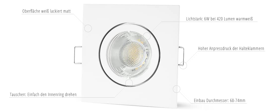 linovum 10 Stück LED Einbaustrahler 230V - mit 6W GU10 drei einstellbaren Lichtfarben 3CCT - Einbauspots eckig weiß schwenkbar