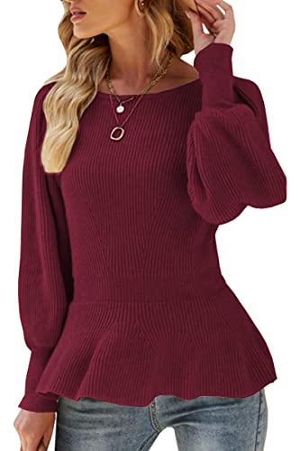 Image of Womens Fall Puff Sleeve Peplum Casual Slim Fit Knit Pullover Sweater Jumper Tops