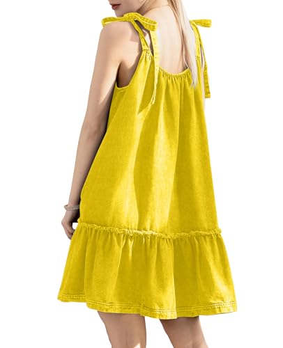 Image of Denim Dress for Women Tie Shoulder Sleeveless Denim Mini Dress Casual Flowy Babydoll Dress Wash Jean Dress