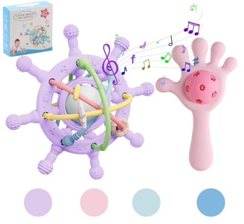 Image of Busy Rattle for Babies, Food Grade Teething Toys for Babies 0 3 6 9 12 18 Months, Newborn Infant Learning Developmental Toys .Sensory Teether Toys,Toddler teether Soothes Teething Pain(Purple&Pink)