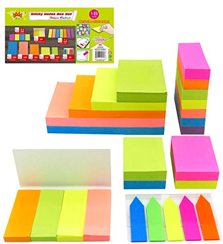 4A Sticky Notes Value Pack, Neon Assorted The Most Commonly Used Sizes in One PP Box,Self-Stick Notes,18 Pads/Box,1900 Sheets Total,4A 4013