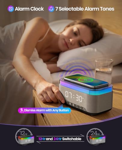 Alarm Clock with Wireless Charging, Alarm Clocks for Bedrooms, Bluetooth Alarm Clock, RGB Night Light - Multi-Functional Smart Alarm Clock for Adults & Teens Black - Image 4