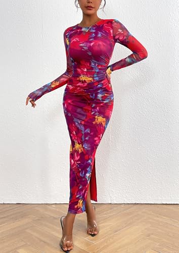 Prettygarden Women'S Bodycon Maxi Dress Fall Fashion Long Sleeve Floral Print Tight Fitted Party Club Ruched Dresses thumb #8
