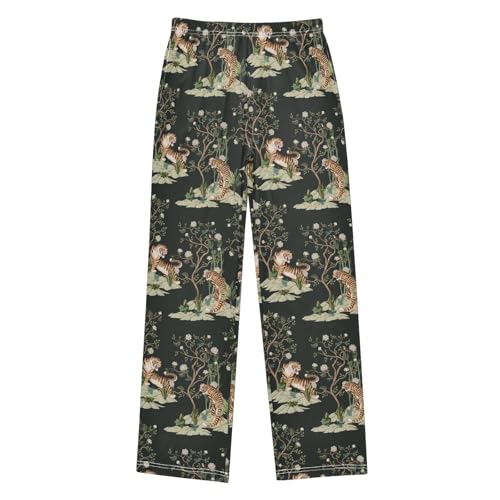 Tiger Flowers Boys Long Pants Soft Trousers Elastic Waist Kids Lounge Bottoms with Pockets S-XL