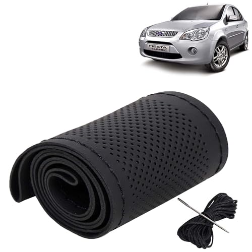 Image of KINGSWAY PU Leatherite Car Steering Cover Sewable Compatible with Ford Fiesta (Year 2005-2011), Black Color with Black Thread, Pack of 1 with Sewing Needle and Thread