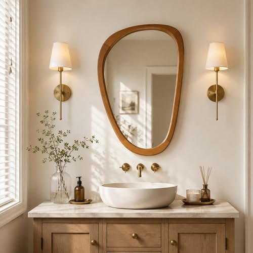 Image of Solid Wood 30 inchx20 inch Warm Walnut Organic Irregular Wall Mirror Decor | Warm grain and asymmetrical shape suit Japandi, Boho, organic decor, entryways, powder rooms, bedrooms, apartments