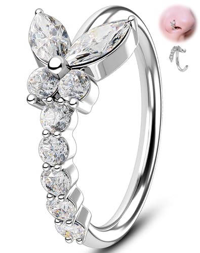 Melighting 20G Butterfly Nose Ring Hoop 8 mm Open Seamless Nose Piercing Jewelry Surgical Steel 316L, Twist Nostril Ring with Marquise and Round CZ, Silver Body Piercing for Women
