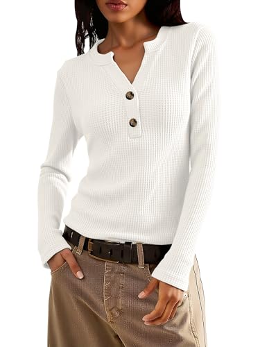 Jar of Love Women's Waffle Knit Tops Long Sleeve Shirts Henley Tops V-Neck Button Down Thermal Shirts Fall Outfits