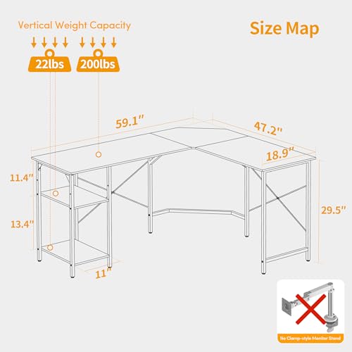 Image of CubiCubi L Shaped Desk, 59.1 Inch Reversible Corner Desk with Storage Shelves, Home Office Desk for Writing Gaming Study, Warm White