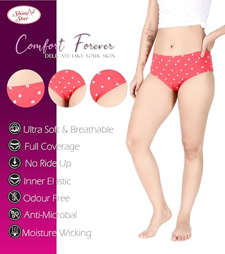 Image of SHINE STAR Women's Pack of 6 Full Coverage Hipster Panty 100% Super Combed Cotton Fabric with Inner Elastic Waistband Multicolour