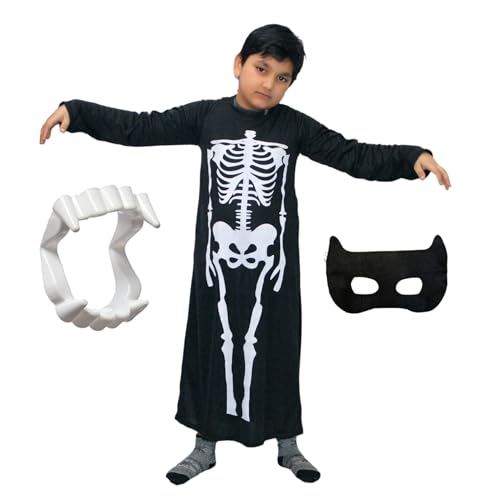 Image of Kaku Fancy Dresses Skeleton Costume for Kids with Gown & Teeth Mask | Scary Halloween Fancy Dress Outfit | Spooky Cosplay Costume for Boys & Girls - 5-6 Years