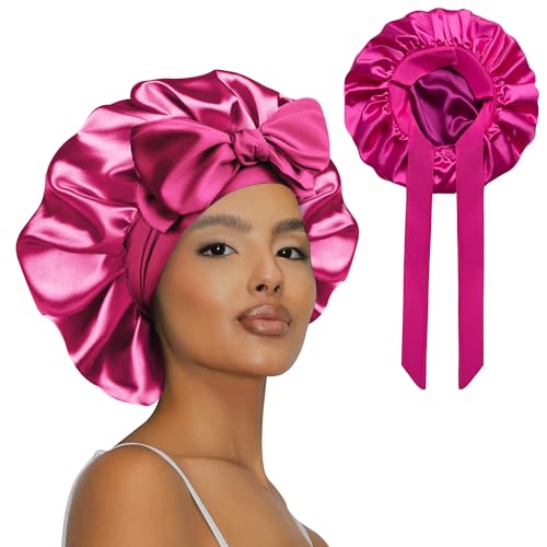 Vettres Hair Bonnet for Sleeping Satin Bonnets Silk Sleep Bonnet Double Layer Satin Bonnet with Tie Peach Red