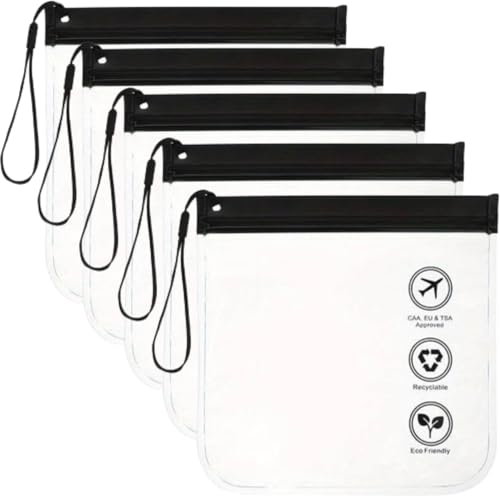 Bolsa de Aseo para Líquidos, Estuche de Viaje para Líquidos, Neceser Transparente para Viaje, Bolsa Transparente para Avión, Bolsa de Mano, Bolsa de Cosméticos Viaje, 20x20cm, Negro (5 pcs)