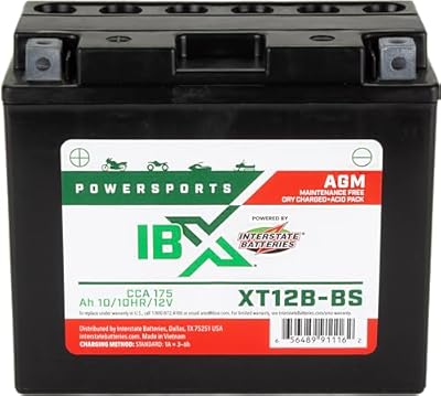 Interstate Batteries YT12B-BS 12V 10Ah Powersports Battery 175CCA AGM Rechargeable Replacement for Ducati, Triumph, Yamaha, Motorcycles, Scooters (XT12B-BS)