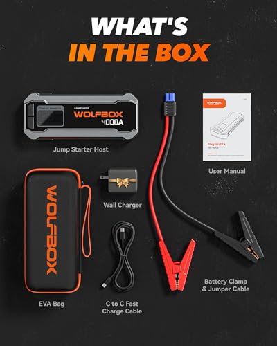 WOLFBOX 4000A Jump Starter - 24000mAh Portable Battery Booster for 10L Gas & 10L Diesel Engines, 65W Quick Charger, LED Display, Built-in LED Light & Jumper Cables for Vehicles