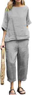 Women's 2024 Linen Two Piece Outfits Set Solid Crewneck 3/4 Sleeve Tops and Capri Pants Suit with Pockets