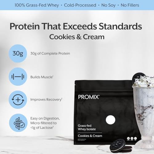 Image of Promix Whey Protein Isolate Powder, 31g Grass Fed Whey Isolate, 6.6g BCAAs, Gluten Free, Keto Friendly, Cookies & Cream