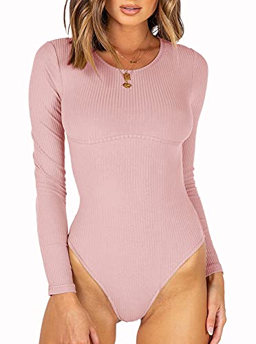 Women’s Fashion Crew Neck Long Sleeve Underbust Detailing Fitted T Shirts Knit Ribbed Bodysuits Leotards Tops Pink Large