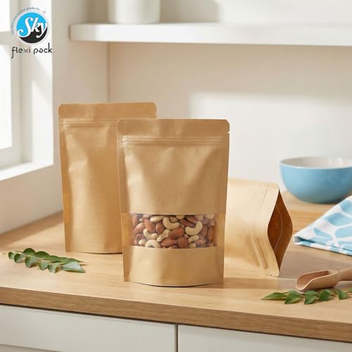 Image of Brown Kraft Paper Zip lock Stand Up Pouches | 12x20 cm | 250gm | Pack of 10 | Food Grade Storage Bags with Transparent Window | Airtight Reusable for Dry Fruits, Snacks, Spices | Self-Sealing